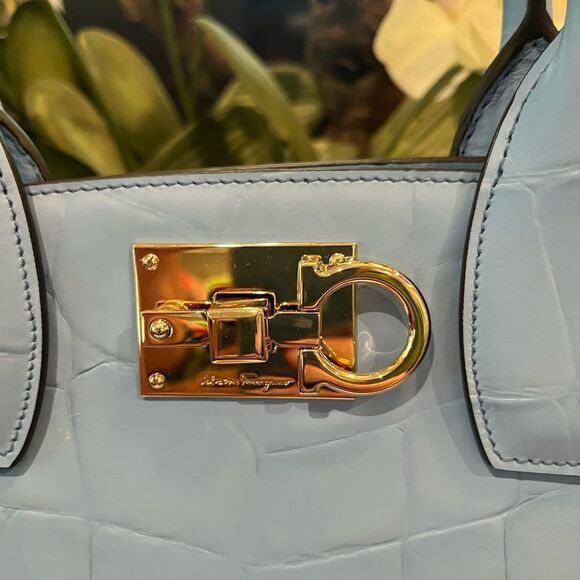 NEW Salvatore Ferragamo embossed blue large Studio bag purse - Picture 3 of 9